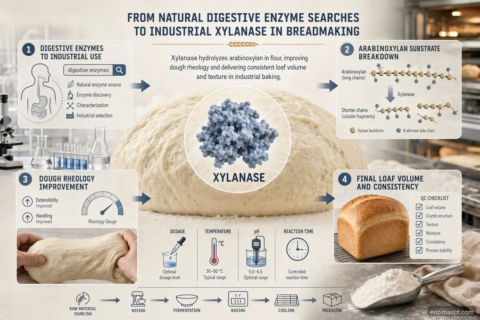 enzimas digestivas naturales xylanase in baking, showing dough strength, loaf volume, dosing, and QC checkpoints
