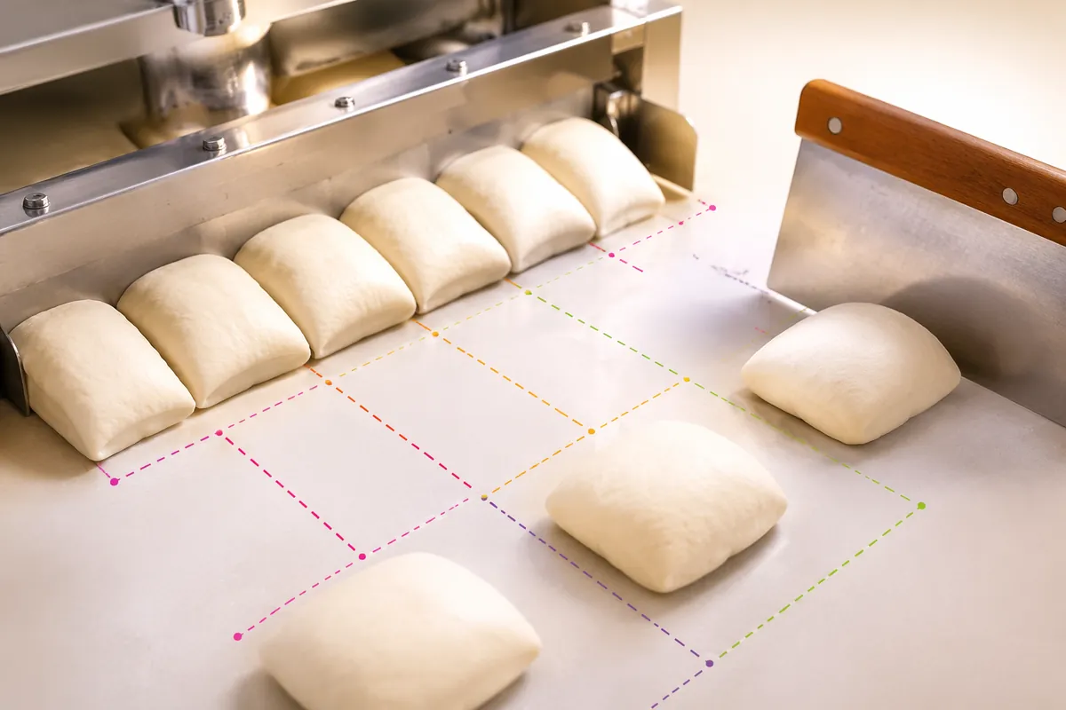 Divisora industrial porcionando massa de pão em uma linha de produção