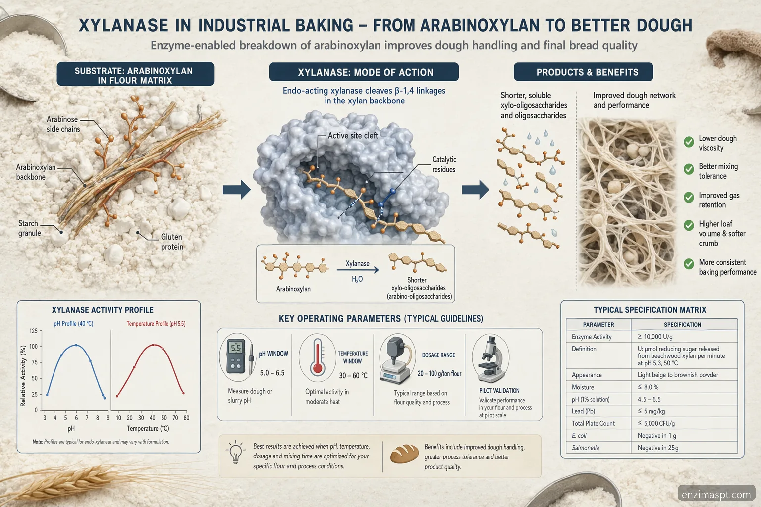 enzimas lipoliticas xylanase baking guide, arabinoxylan breakdown diagram with pH, temperature and dose controls