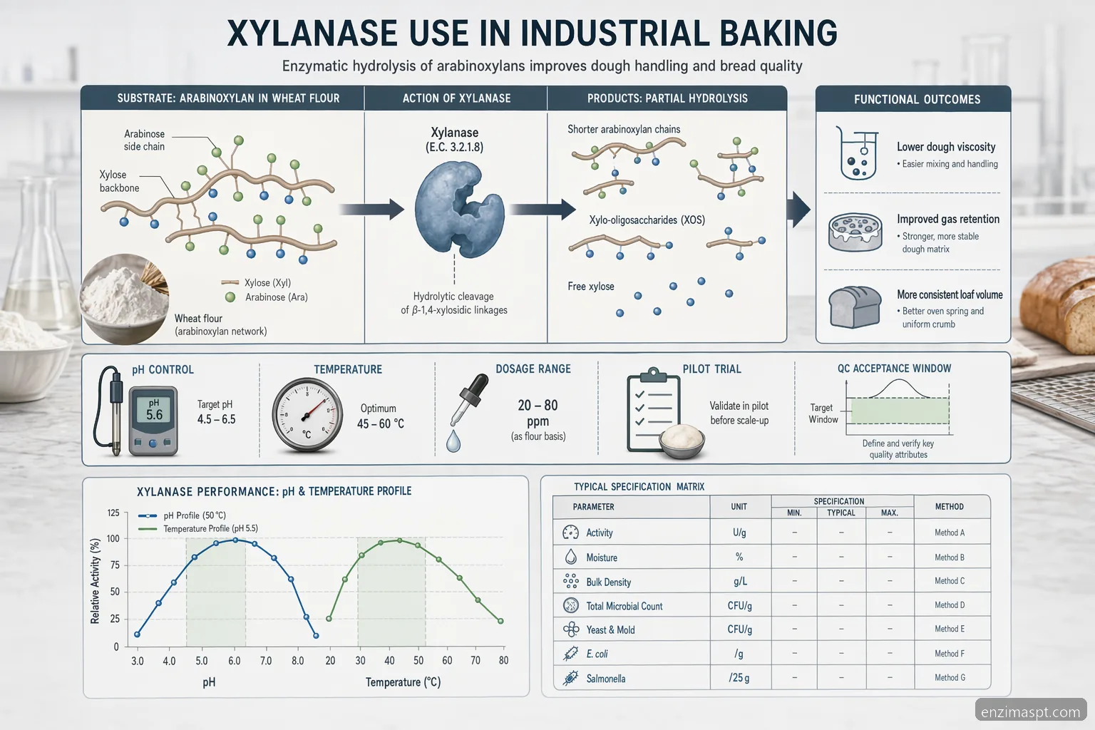 enzimas para papada: xylanase baking process showing pH, temperature, dosage and arabinoxylan conversion
