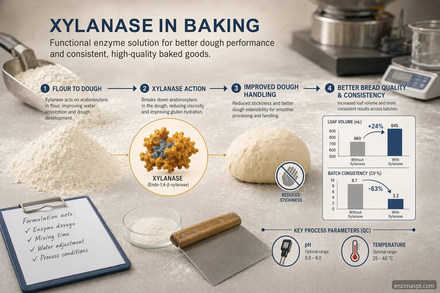 enzimas para papada: B2B xylanase baking guide with dough, loaf volume, dosing and QC icons